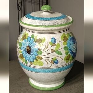 Vintage Hand Painted Terra Cotta Vase Blue Florals Beautiful Spring Summer
